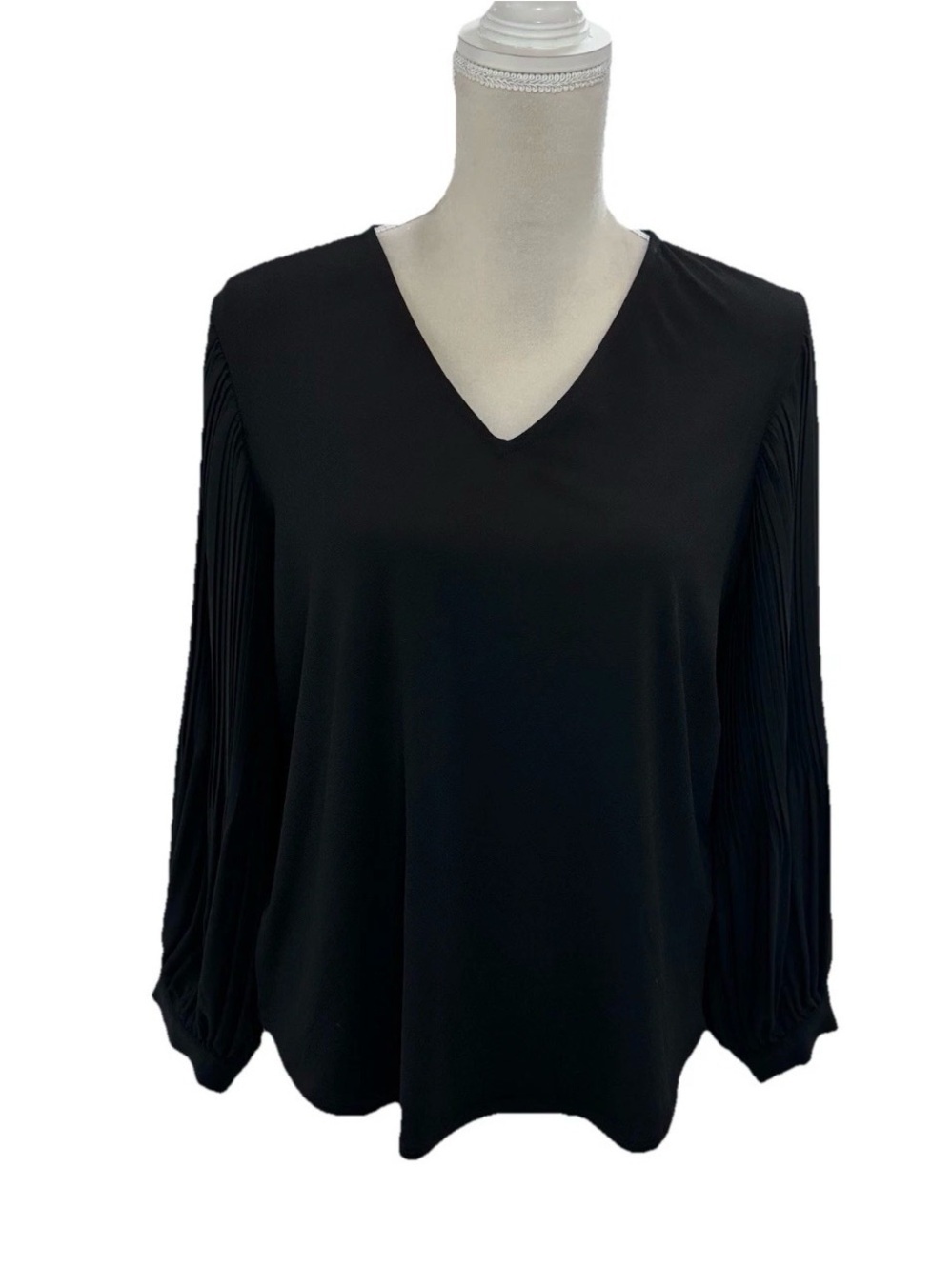 Adrianna Papell Black Pleated Sleeve V-Neck Blouse - Picture 2 of 7